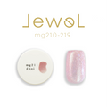 A product image of Enoi's Jewel Magnet cateye gel in the shade mg211, showing a round white potted gel with a light pink shimmer sample and a nail sample painted with glittery pink cateye gel. Available on Mellow Edit.