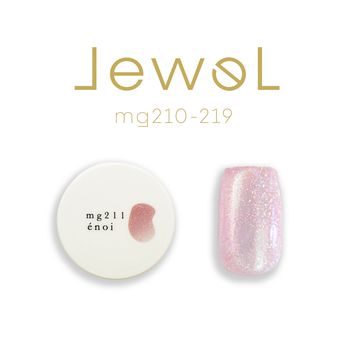 A product image of Enoi's Jewel Magnet cateye gel in the shade mg211, showing a round white potted gel with a light pink shimmer sample and a nail sample painted with glittery pink cateye gel. Available on Mellow Edit.
