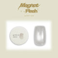 A product image of Enoi's Magnet  Flash cateye gel in the shade mf012, showing a round white potted gel with a light grey shimmer sample and a sheer light grey glittery nail sample. 