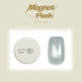 A product image of Enoi's Magnet  Flash cateye gel in the shade mf013, showing a round white potted gel with a cool grey shimmer sample and a sheer cool grey glittery nail sample. 