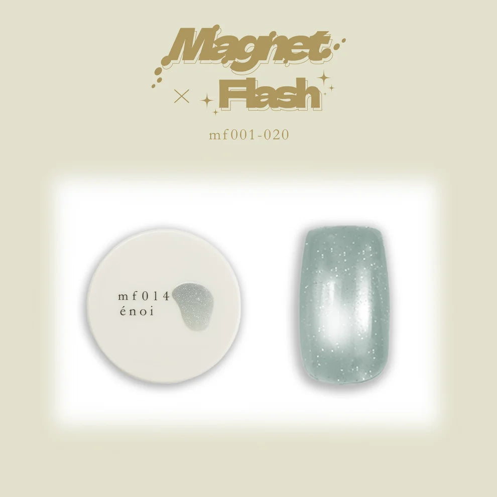 A product image of Enoi's Magnet  Flash cateye gel in the shade mf014, showing a round white potted gel with a light blue-grey shimmer sample and a sheer light blue-grey glittery nail sample. 