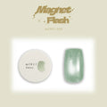 A product image of Enoi's Magnet  Flash cateye gel in the shade mf017, showing a round white potted gel with a light green shimmer sample and a sheer light green glittery nail sample. 