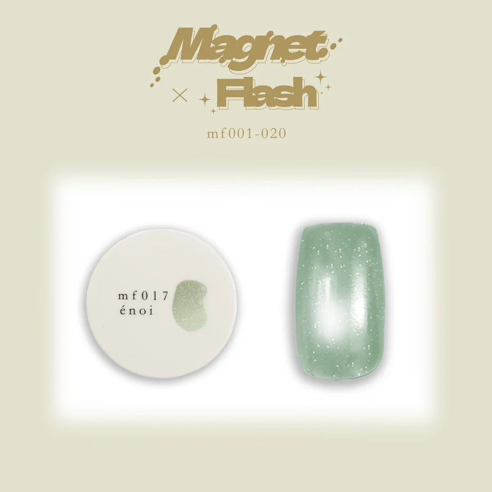 A product image of Enoi's Magnet  Flash cateye gel in the shade mf017, showing a round white potted gel with a light green shimmer sample and a sheer light green glittery nail sample. 