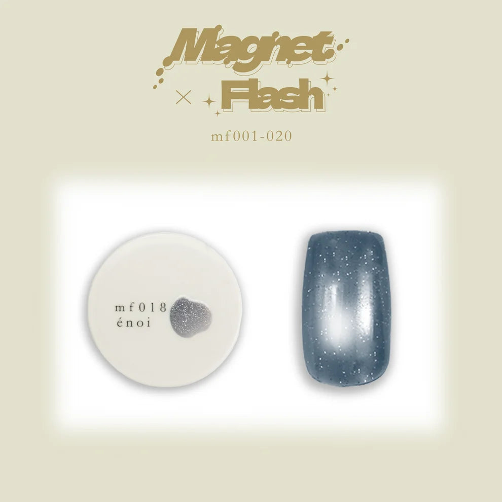 A product image of Enoi's Magnet  Flash cateye gel in the shade mf018, showing a round white potted gel with a deep dark blue shimmer sample and a deep dark blue glittery nail sample.