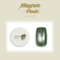 A product image of Enoi's Magnet  Flash cateye gel in the shade mf020, showing a round white potted gel with a deep forest green shimmer sample and a deep forest green glittery nail sample.