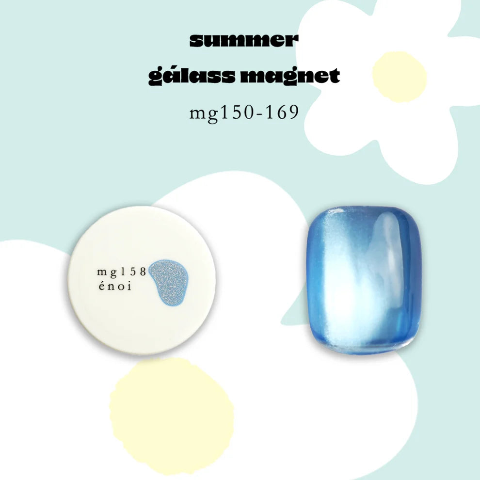 A product graphic for Enoi Summer Glass magnet gel in a blue MG158 shade. It shows a round white potted gel containing a light blue glittery gel  and a glossy blue nail sample. Available on Mellow Edit. 