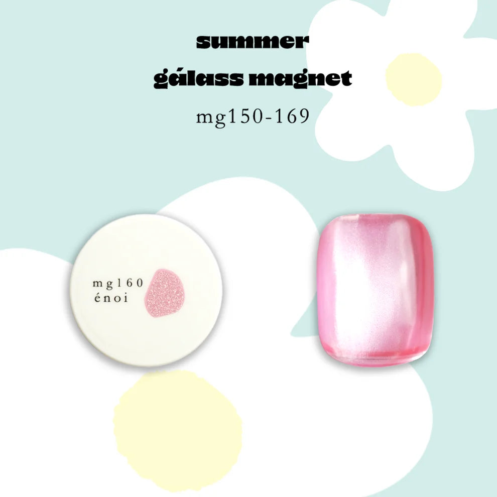A Japanese gel nail product listing graphic for Enoi Summer Glass Magnet Gel in MG160. It features a glossy, shimmering pink nail polish sample on a clear swatch and a round white potted gel labeled 'mg160 énoi'. Available on Mellow Edit. 