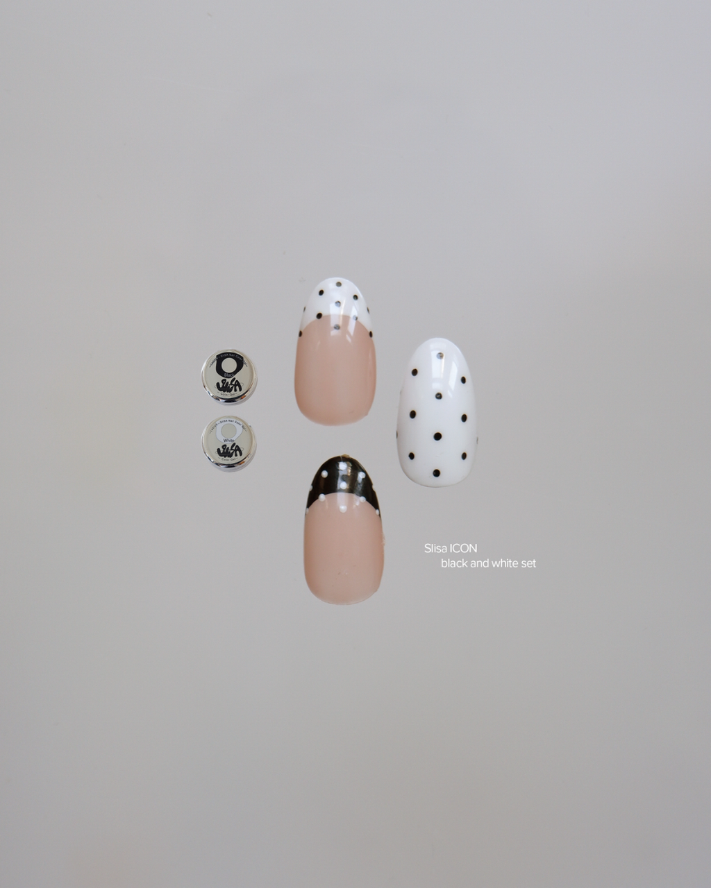 Polka dot nail designs made with SIiSA Icon Set Black and White Art Gels